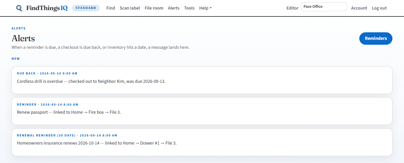 Alerts list with due-back and renewal alerts.