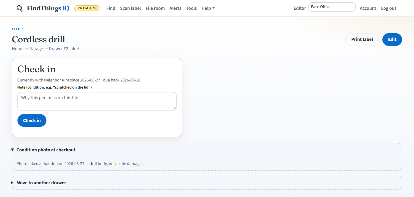 Asset details showing an item checked out with a due date.