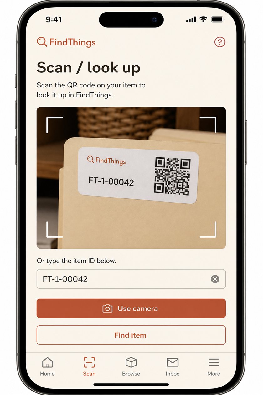 Phone Scan screen with camera pointed at a label QR code.