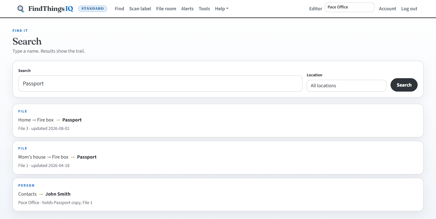 Search results showing Location, unit, asset number, and item name.