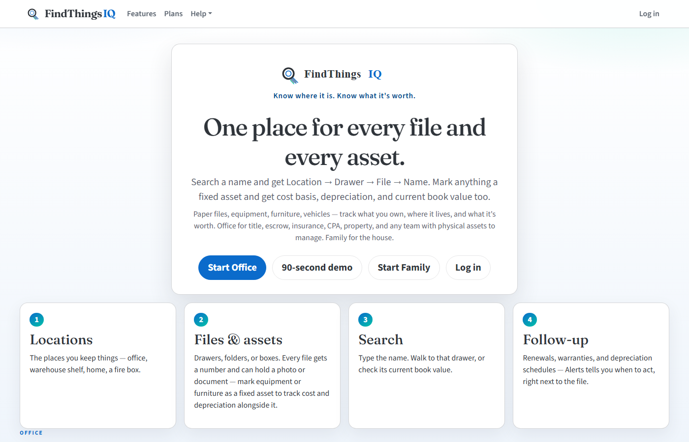 FindThings welcome page on a wide browser window: Know where it is. Know what it's worth.