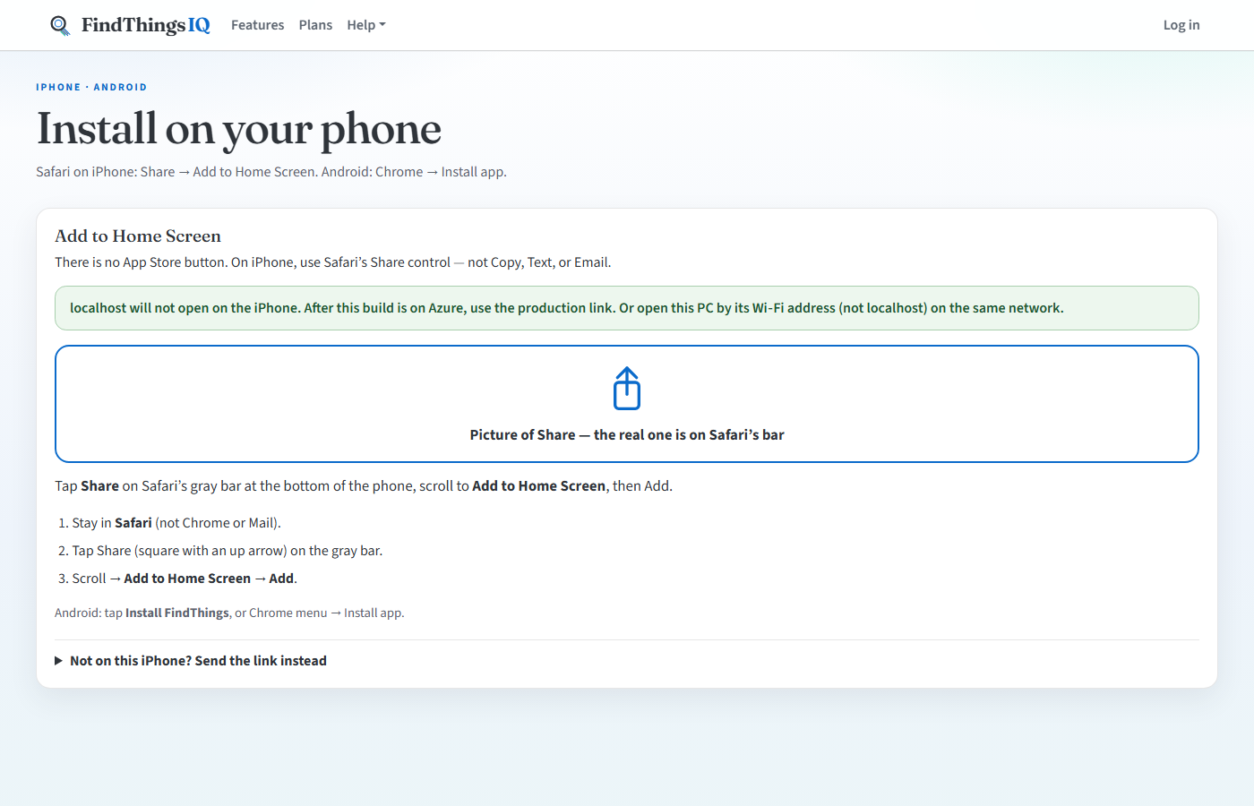 Install page showing Safari Share and Add to Home Screen steps.