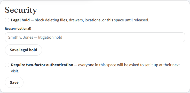 Settings Security section with Legal hold and Require two-factor authentication checkboxes.